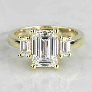 Emerald Cut VVS1 Moissanite Three Stone Engagement Ring 14K Yellow Gold Plated - Picture 1 of 9