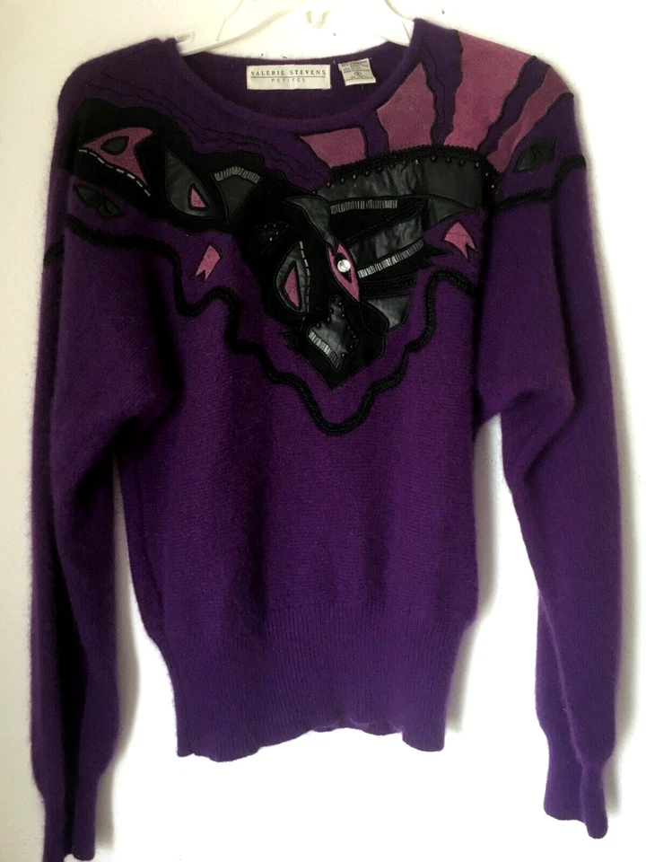 Suéter Vintage Valerie Stevens Adornado Púrpura Angora PETITE SMALL PS Foto 1 de 1