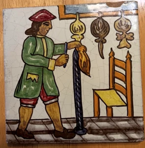 Vintage Rejano Tile made in Seville Spain - Furrier Tradesman w knife / pelts - Picture 1 of 5