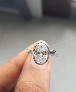 12 X 8 Oval Cut Real Moissanite Bezel Solitaire Women Ring Solid 14K White Gold - Picture 1 of 7