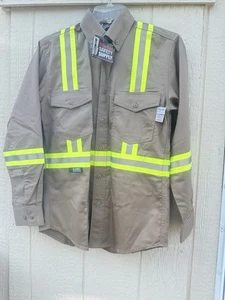 Fire Resistance Reflective Khaki Button Down Shirt Sz Small Oil & Gas Safety - Picture 1 of 15