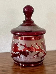 Antique Bohemian Glass Ruby Red Jar with Lid Bird Pattern - Picture 1 of 7