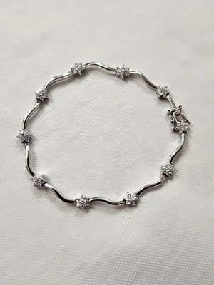 Винтажный браслет из стерлингового серебра 925 пробы с изогнутыми фианитами и цветами 7 1/4 дюйма 7,5 г. - Изображение 1 из 4