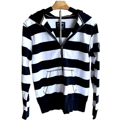 Blu Mediterranean Breton Stripe Full Zip Hoodie Sweatshirt Size Large Nautical - Image 1 of 4