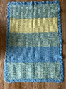 Handmade Crochet Baby Afghan Blanket Scalloped Edging Blue Yellow 44x30 Swaddle - Picture 1 of 6