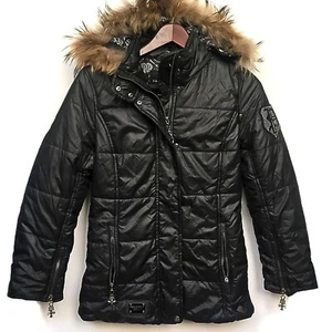 philipp plein Damen Puffer Schwarz Jacke Echtfellbesatz Kapuze Parka Zippier Mantel M - Bild 1 von 12