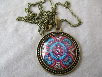 Gliederkette bronzefarben mit  Anhänger Mandala Print-Multifarben-rund 30 mm - Bild 1 von 4