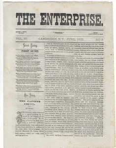 Cambridge NY Newspaper 1878 The Enterprise 2 issue Junet & July news history ads - Picture 1 of 4