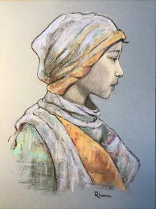 Original Pastell- und Tintenskizze, 9x12 Zoll, palästinensisches Mädchen im Profil - Bild 1 von 5