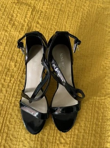 Nine West Heels Womens 8 M Open Toe Ankle Straps Wedge Black Leather - Picture 1 of 3
