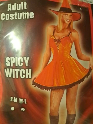 Halloween Costume Women's Spicy Witch Sexy Dress & Hat Velvet Orange Web Tights  - Image 1 of 4