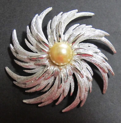Vintage SARAH COVENTRY Silver 2Tone & Faux Pearl STARBURST Brooch 3" - Image 1 of 4