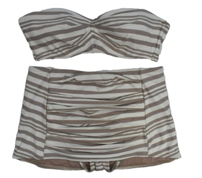 DKNY Swimwear Tan Off White Striped Strapless Top Skort Bottom Bikini Womens S - Image 1 of 4