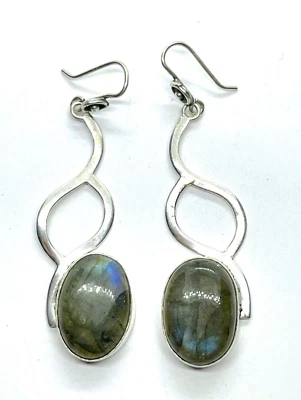 Stylish Long Sterling Silver Labradorite Dangle Hook Earrings  - 11.4 grams - Image 1 of 4