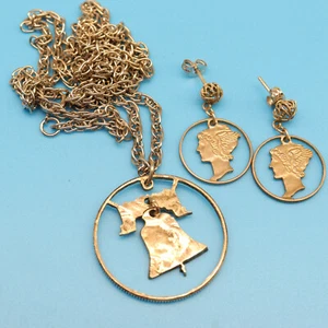 Silver Cut Out Franklin Half Dollar Bell Pendant & Mercury Dime Pierced Earrings - Picture 1 of 5