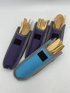 4 Bamboo Travel Picnic Sets Fork Knife Spoon Chop Sticks Straw Carry Pouch Camp - Picture 1 of 6