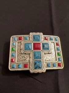 Sonoran Silver Tone Turquoise Cross Western Buckle Ready To Add To Your Belt - Picture 1 of 9