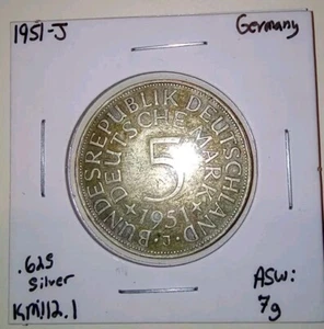 1951 J German 5 Mark Silver VF Toner Coin Federal Republic - Picture 1 of 4