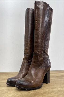 Frye Tall Leather Boots Women’s 7.5M Brown Cowgirl DBN Zip Block Heel Vintage - Image 1 of 4
