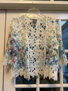 RABBIT DESIGNS L Multi Butterflies Crochet Lace Knit Shrug Top Cardigan Jacket - Picture 1 of 3