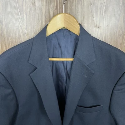 Stafford Sport Coat Mens 42L Navy Blue Solid Striped Pure Wool Three Buttons - Image 1 of 4