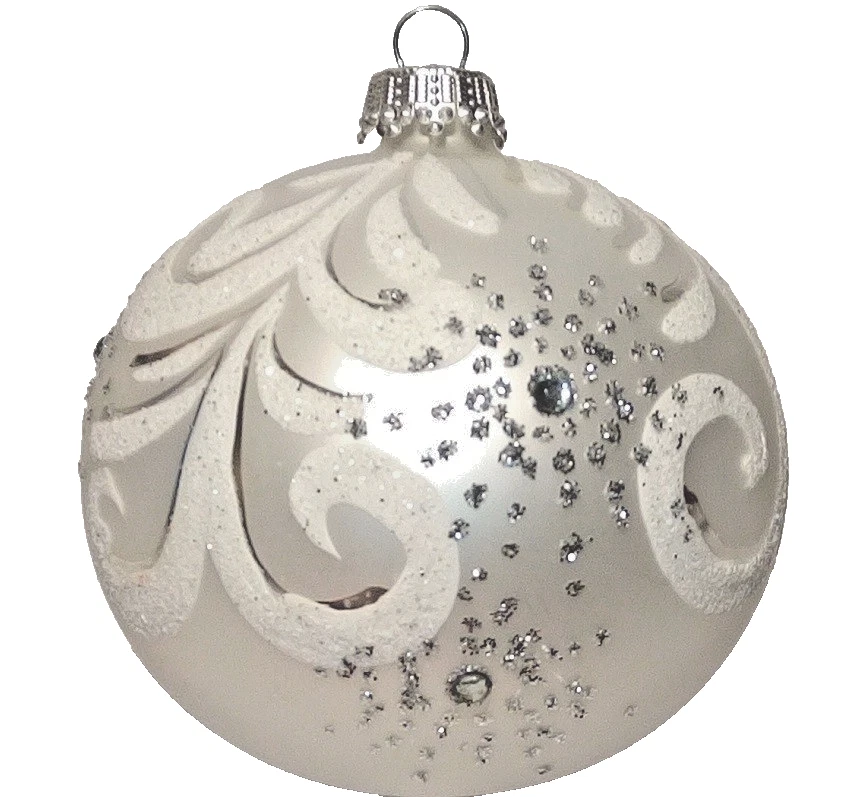 KREBS-GLAS Lauscha " Eine Weihnachtskugel  Ø 8 cm in Satin-Silber-Weiß mit Straß - Bild 1 von 1