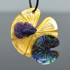 Lotus Leaves & Toad Frog Carved Multicolor Shell & Paua Abalone drilled 4.51 g - Picture 1 of 13