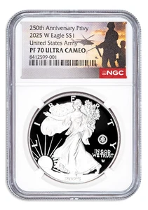 2025 $1 American Silver Eagle Army 250th Anniversary Privy Proof Coin NGC PF70 - Picture 1 of 2