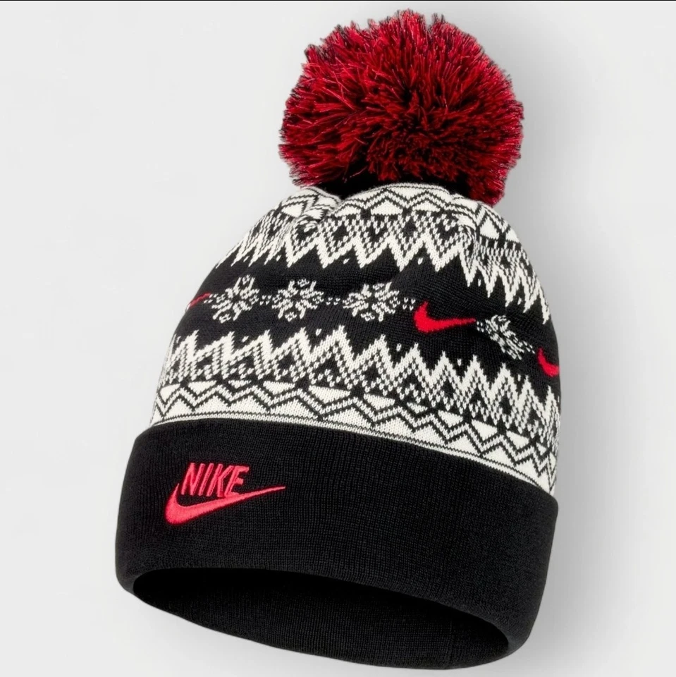 Nike Peak Fair Isle Knit Beanie Black Red Winter HF0188-010 | Adult OSFM ☆