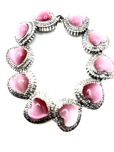 Bracciale Maglie Vintage Designer Senza Firmato Gatti Rosa Occhio Vetro Monglow Cuori Argento - Foto 1 di 9
