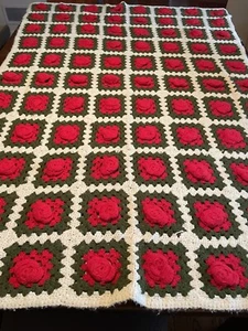 Vintage Crocheted Granny Afghan Throw Blanket 3D Puffy Red Roses Flowers 61”X 43 - Picture 1 of 12