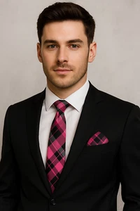 Tartan Black Plaid Pink Mens 8.5CM Tie Napkin Set Silk Pocket Square Hankie Gift - Picture 1 of 5
