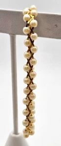 Woven Braided Faux Pearl & Gold Tone Bracelet Dainty 7 inch Elegant Vintage - Picture 1 of 5