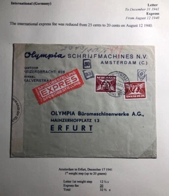 1941 Amsterdam Netherlands Olympia typewriters Censored Cover To Erfurt Germany - Image 1 of 3