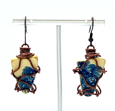 Bronze Wire Wrapped Ceramic Chip Dangle Earrings - Image 1 of 4