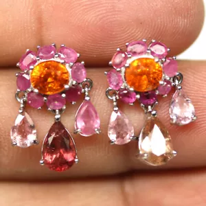 925 Silver Fanta Orange Spessartite Garnet, Pastel Tourmaline & Ruby Earrings - Picture 1 of 4