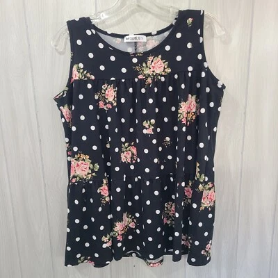 Doublju Polka Dot Floral Tunic Top Size S Black Beach Loud Cruise Dark Floral - Image 1 of 4