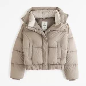 ABERCROMBIE & FITCH Puffer Jacket Women Large Ultra Mini AF Brown Beige Hood NEW - Picture 1 of 15