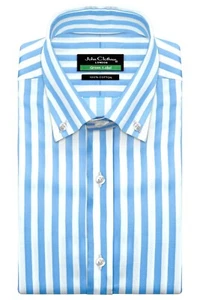 Camisa estilo preppy azul blanco toldo rayas clásica con botones cuello polo para hombre - Imagen 1 de 9