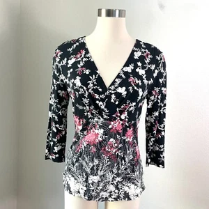 NEW Ann Taylor Womens Small Floral Stretch V Neck Top 3/4 Sleeve Shirt - Picture 1 of 8