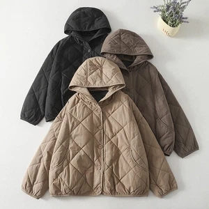 Womens Quilted Warm Hooded Jacket Loose Retro Checked Short Coat Winter Casual - Picture 1 of 15