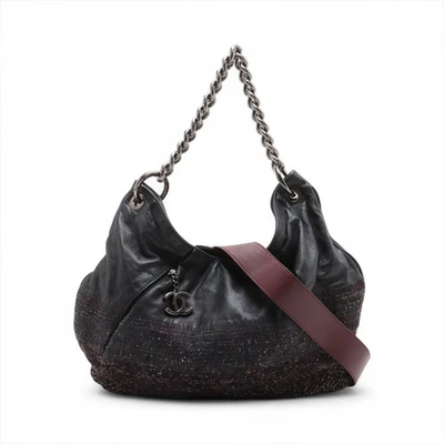 Bolso de Hombro Chanel Coco Mark Tweed X Piel de Cordero 2 Vías Negro Gunmetal Accesorios 17X Foto 1 de 4