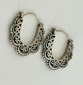 Vintage ATI Indonesia 925 Sterling Silver Curve Filigree Ornate Hoop Earrings - Picture 1 of 13