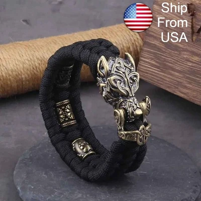 Never Fade Rock Viking Wolf Bracelet Men's handmade cord Wolf Bead Biker Jewelry - Image 1 of 4