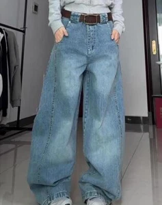 Herren Blau Schwarz Denim Jeans Loose Fit Gerades Bein Freizeithose Hose Punk - Bild 1 von 9
