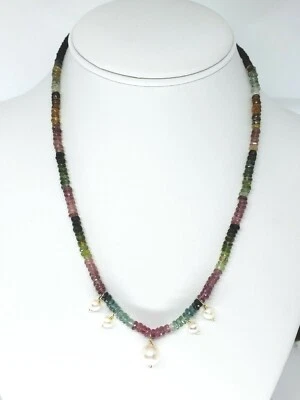 Collar con cuentas de perlas de turmalina de sandía de oro amarillo de 14 k relleno de oro plateado de 18" Foto 1 de 3