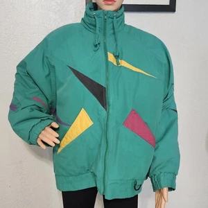 M UNISEX 80s/90s Retro Coat Vintage Color block Winter Jacket Thick SKI Green - Picture 1 of 16