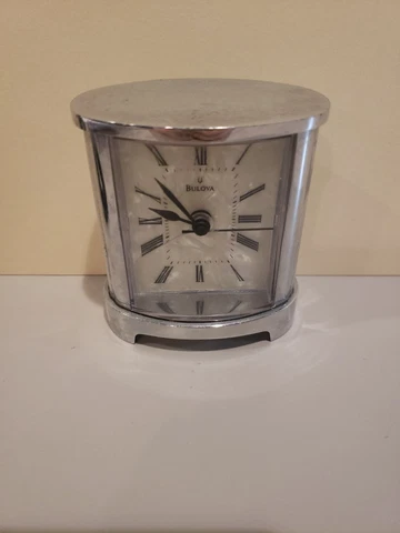 Desk Clock Bulova, Pearl Face, Metal Housing, Roman Numerals, 3” Tall, Working Cover