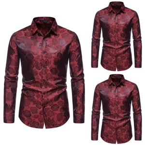 Mens Print Long Sleeve Turn Down Collar Solid T-Shirt Button Muscle Fit Blouse - Picture 1 of 4