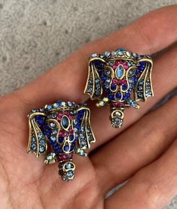 Heidi Daus® Exotic Pave Elephant Pierced Earrings Blue Multi OMAGA Back - Picture 1 of 5